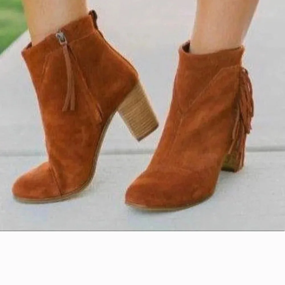 Toms Fringe Suede Ankle Boots - Brown Rust Pumpkin Womens 7.5